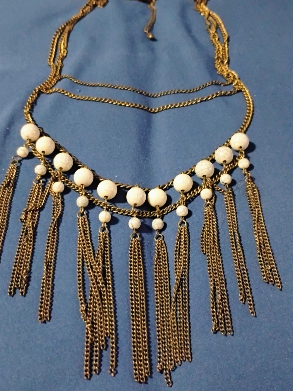 Chico's Gold-Tone Fringe Necklace with White Beads